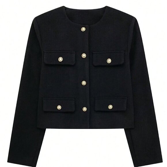 Black Elegant Women's Casual Tweed Jacket Decorated Long Sleeve Coat - Picture 7 of 8